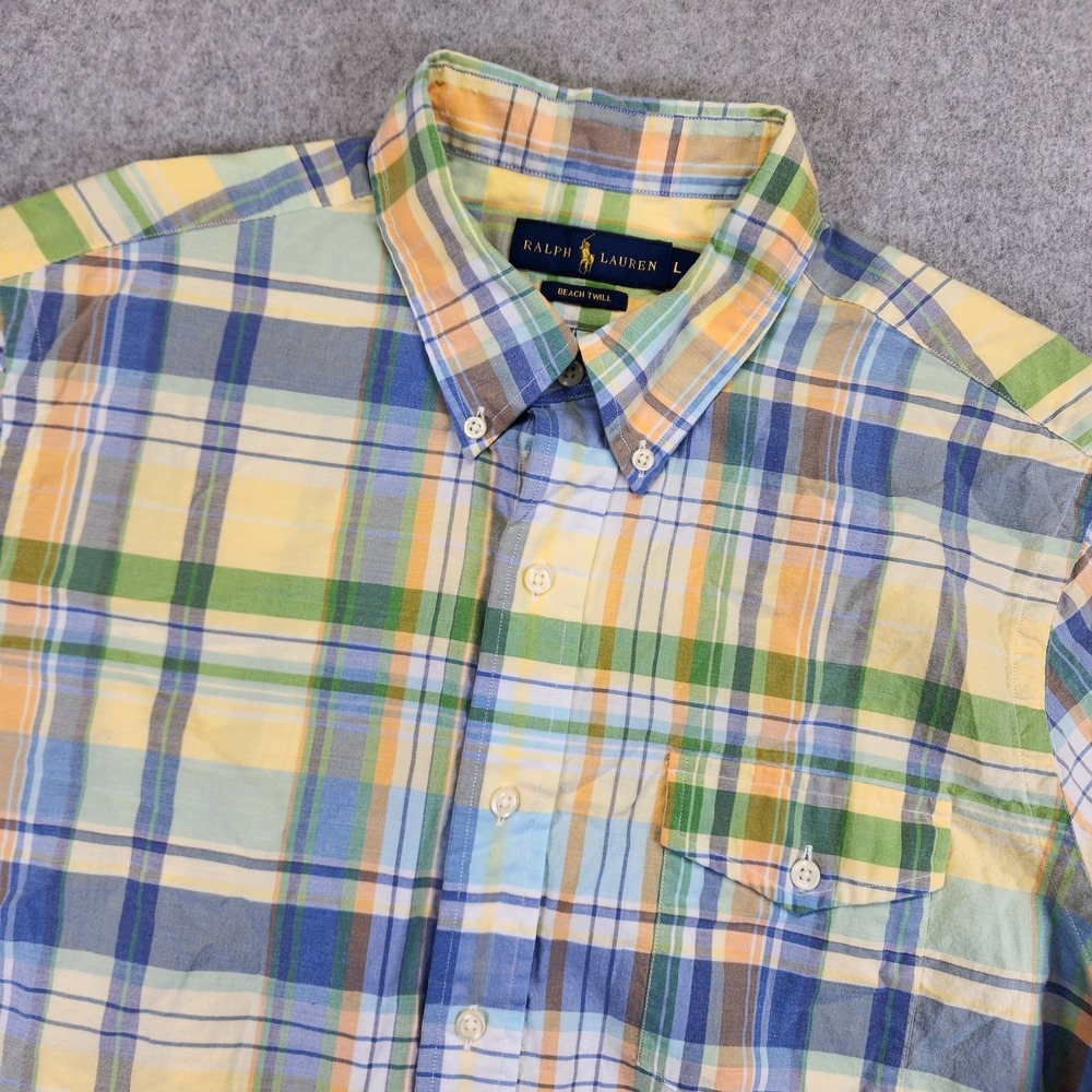 Ralph Lauren Men's L Beach Twill Short Sleeve Button Front Shirt Plaid Colorful